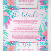 Roze Blauwgroen geverfde bloemen Register Detail R Drieluik Uitnodiging (Binnenkant midden)