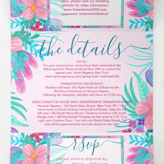 Roze Blauwgroen geverfde bloemen Register Detail R Drieluik Uitnodiging (Binnenkant midden)