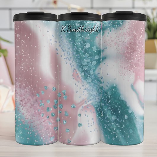 Roze Blauwgroen Glitter Abstracte Swirl Thermosbeker