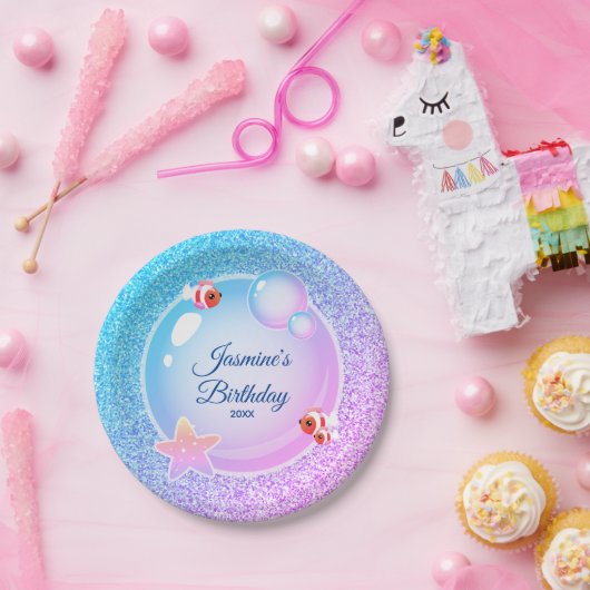 Roze Blauwgroen Glitter Girly Mermaid Birthday Par Papieren Bordje (Feest)