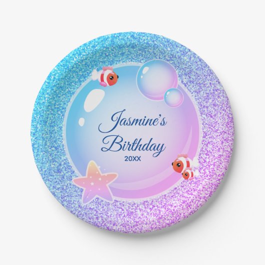 Roze Blauwgroen Glitter Girly Mermaid Birthday Par Papieren Bordje (Voorkant)