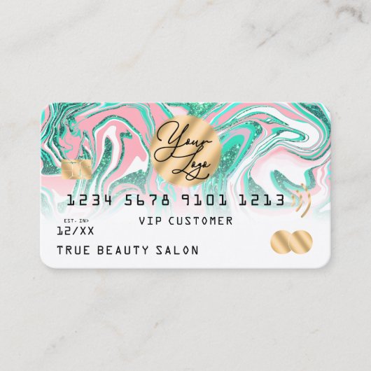 Roze Blauwgroen Glitter Marmer Credit Kaart Logo Visitekaartje (Voorkant)