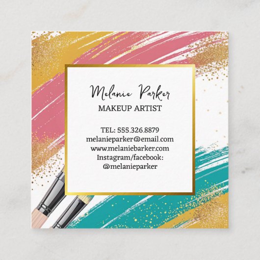 Roze Blauwgroen Gouden Glitter Paint Make-up Vierkante Visitekaartje (Achterkant)
