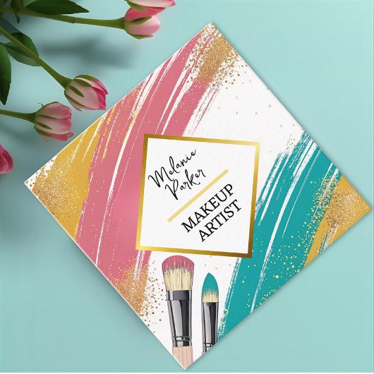 Roze Blauwgroen Gouden Glitter Paint Make-up Vierkante Visitekaartje