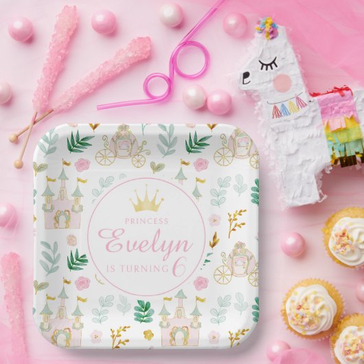 Roze blauwgroen gouden kleine prinses verjaardagsm papieren bordje (Feest)