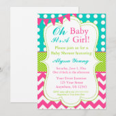 Roze Blauwgroen Groen Baby shower uitnodigen Kaart (Voorkant / Achterkant)