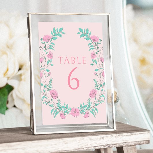 Roze blauwgroen groen bloemenkrans bohemian bruilo kaart