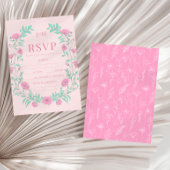 Roze blauwgroen groen bloemenkrans bohemian bruilo RSVP kaartje