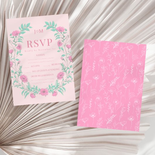 Roze blauwgroen groen bloemenkrans bohemian bruilo RSVP kaartje