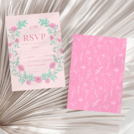 Roze blauwgroen groen bloemenkrans bohemian bruilo RSVP kaartje