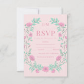 Roze blauwgroen groen bloemenkrans bohemian bruilo RSVP kaartje (Voorkant)