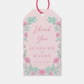 Roze blauwgroen groene bloemenkrans bruiloft dank cadeaulabel (Voorkant)