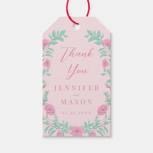 Roze blauwgroen groene bloemenkrans bruiloft dank cadeaulabel (Voorkant)