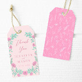 Roze blauwgroen groene bloemenkrans bruiloft dank cadeaulabel