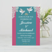 Roze & Blauwgroen huwelijksuitnodiging Kaart (Staand voorkant)