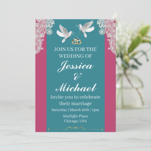 Roze & Blauwgroen huwelijksuitnodiging Kaart (Staand voorkant)