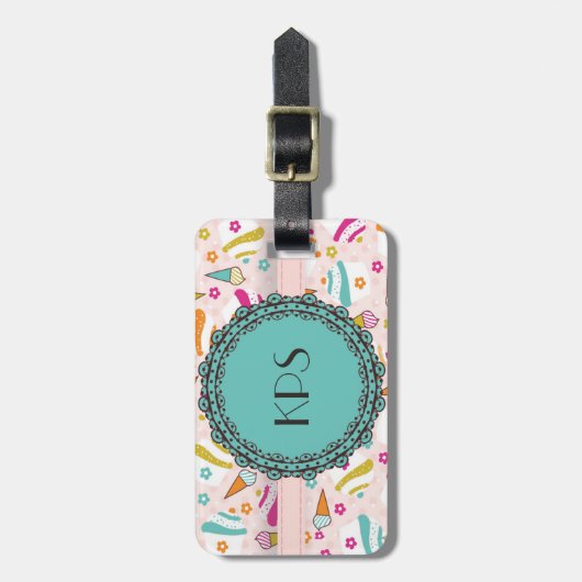 Roze Blauwgroen ijscream Cupcakes Monogram Bagagel Bagagelabel (Voorkant verticaal)