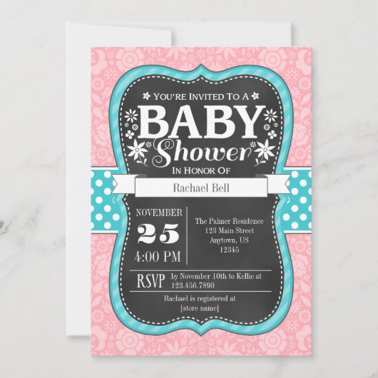 Roze Blauwgroen karton Floral Baby shower Invite Kaart (Voorkant)
