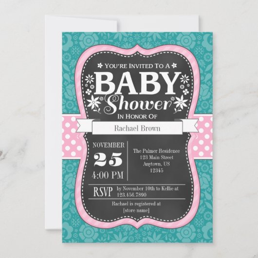 Roze Blauwgroen karton Floral Baby shower Invite Kaart (Voorkant)