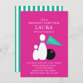 Roze & Blauwgroen Kinder Bowling Party Verjaardags Kaart (Voorkant / Achterkant)