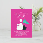 Roze & Blauwgroen Kinder Bowling Party Verjaardags Kaart (Staand voorkant)