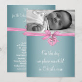 Roze Blauwgroen Kruis Baby Meisje Foto Doop Kaart (Voorkant / Achterkant)