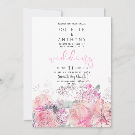 Roze blauwgroen lavendel bloemenboeket Bruiloft Kaart (Voorkant)