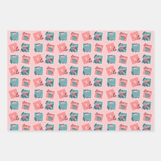 Roze & Blauwgroen Liefde Postzegels Inpakpapier Vel (Voorkant 2)
