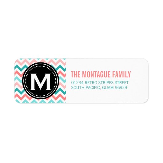 Roze Blauwgroen Monogram Chevron Patroon Adresetik Etiket (Voorkant)