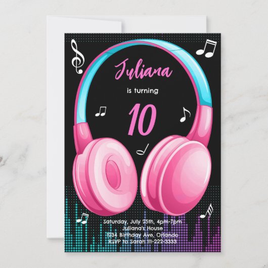 Roze Blauwgroen muzikale verjaardagsuitnodiging Kaart (Voorkant)