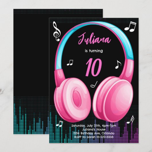 Roze Blauwgroen muzikale verjaardagsuitnodiging Kaart (Voorkant / Achterkant)