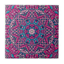 Roze, Blauwgroen & Navy Vibrant Boho Mandala Tegeltje
