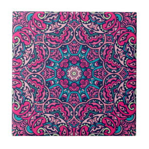 Roze, Blauwgroen & Navy Vibrant Boho Mandala Tegeltje