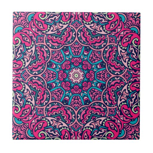 Roze, Blauwgroen & Navy Vibrant Boho Mandala Tegeltje (Voorkant)