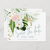 Roze, blauwgroen + orchidee tropische bloem, behal aankondigingskaart (Voorkant / Achterkant)