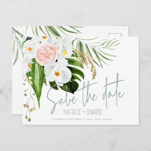 Roze, blauwgroen + orchidee tropische bloem, behal aankondigingskaart (Voorkant / Achterkant)