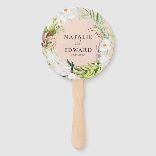 Roze, blauwgroen + orchidee tropische wondbruiloft handwaaier (Voorkant)