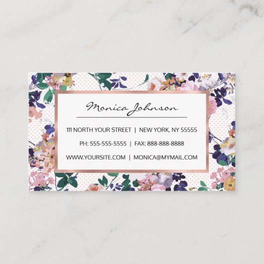 Roze blauwgroen paarse goudpokken floraal klantenkaartje (Achterkant)