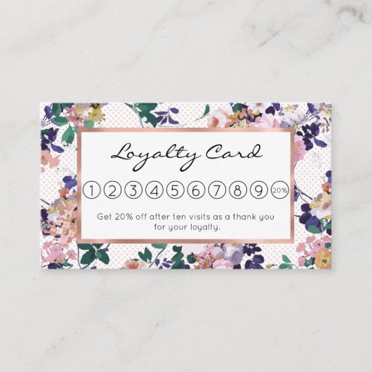 Roze blauwgroen paarse goudpokken floraal klantenkaartje (Voorkant)