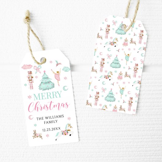 Roze blauwgroen pastel notenkraker vrolijk kerstfe cadeaulabel