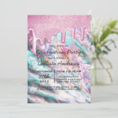 Roze Blauwgroen Pearl Opal Glitter Drips Afstudere Kaart (Staand voorkant)