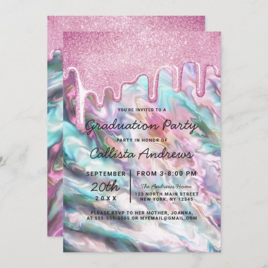 Roze Blauwgroen Pearl Opal Glitter Drips Afstudere Kaart (Voorkant / Achterkant)