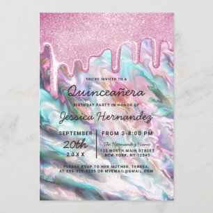 Roze Blauwgroen Pearl Opal Glitter Drips Quinceañe Kaart