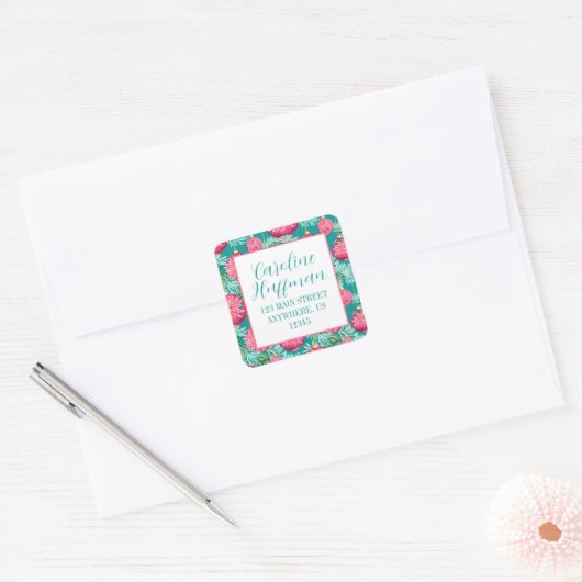 Roze & Blauwgroen Preppy Kerstversieringen Adres Vierkante Sticker (Envelop)