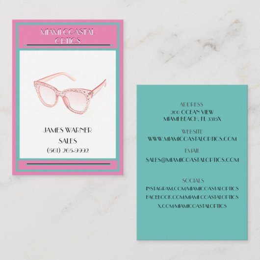 Roze & Blauwgroen Retro 80's Miami Zonnebril Visitekaartje (Voorkant / Achterkant)
