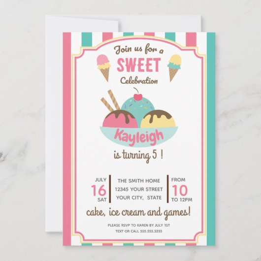 Roze Blauwgroen Retro Ice Cream Kind Birthday Part Kaart (Voorkant)