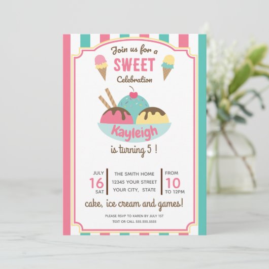 Roze Blauwgroen Retro Ice Cream Kind Birthday Part Kaart (Staand voorkant)