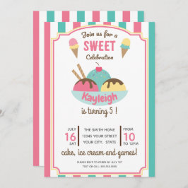 Roze Blauwgroen Retro Ice Cream Kind Birthday Part Kaart
