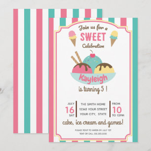 Roze Blauwgroen Retro Ice Cream Kind Birthday Part Kaart