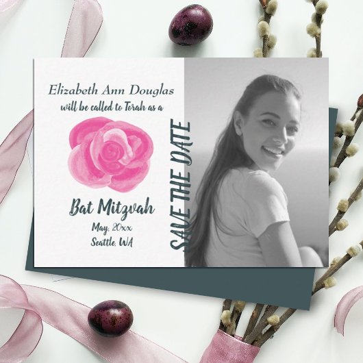 Roze Blauwgroen Roos Bat Mitzvah Save-the-Dates Advieskaart